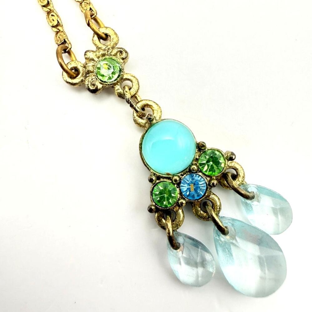 Vintage 1928 Y-Drop Victorian Pendant Necklace Blue Green Crystal Dangle 19"